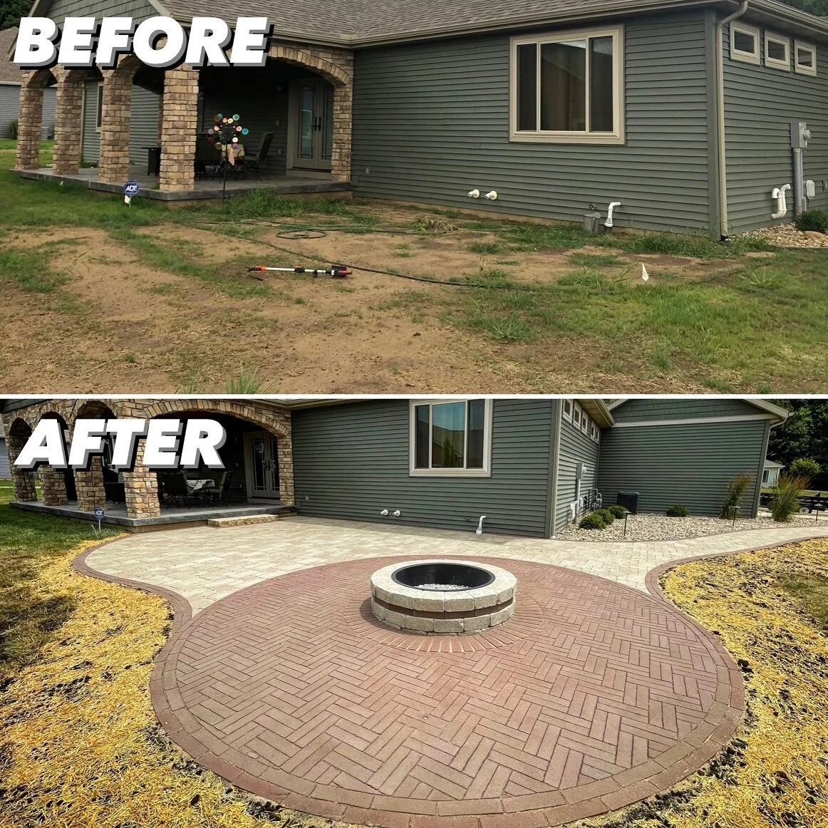 Just wrapped up this sweet outdoor space today!  Unilock Brussels Block-sandstone pavers and Mattoni-cocoa brown pavers. We decided to throw the Mattoni in the firepit to give it that extra fire and a double herringbone pattern in the firepit area to