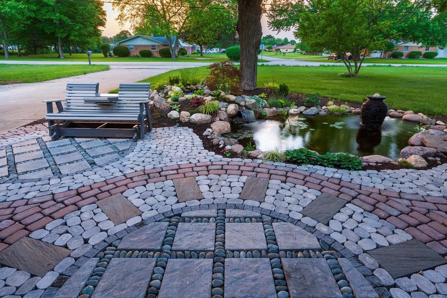 Front yard, rocking in the swing, cold drink in hand, watching the frogs and fish, waiving to the neighbors&hellip;or not, and the sound of water💦mmmmmm

Ask us about our water features and koi ponds!!